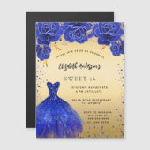 Invitation Magnétique Sweet 16 bleu royal robe florales or luxe (Devant / Derrière)