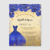 Invitation Magnétique Sweet 16 bleu royal robe florales or luxe (Devant)