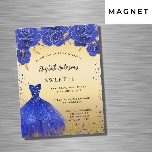 Invitation Magnétique Sweet 16 bleu royal robe florales or luxe