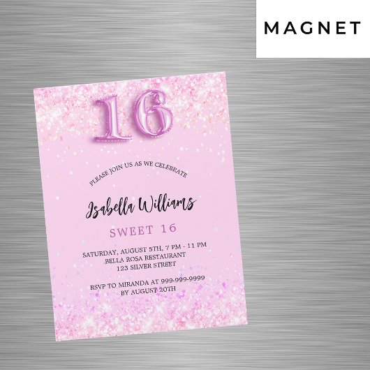Invitation Magnétique Sweet 16 confetti rose fille fête luxe