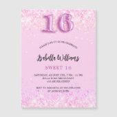 Invitation Magnétique Sweet 16 confetti rose fille fête luxe (Devant)