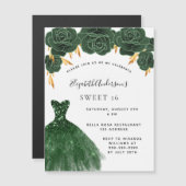 Invitation Magnétique Sweet 16 couleur vert émeraude robe luxe floral (Devant / Derrière)
