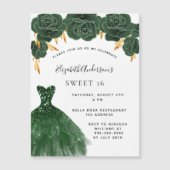 Invitation Magnétique Sweet 16 couleur vert émeraude robe luxe floral (Devant)
