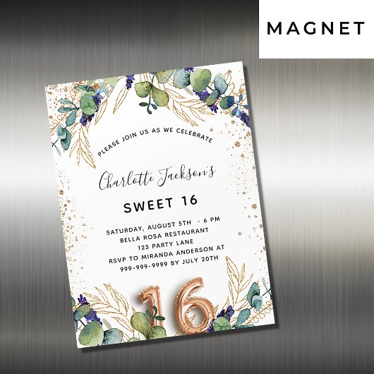 Invitation Magnétique Sweet 16 eucalyptus verdure parties scintillant lu