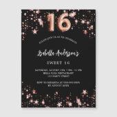 Invitation Magnétique Sweet 16 noir rose or étoiles luxe (Devant)