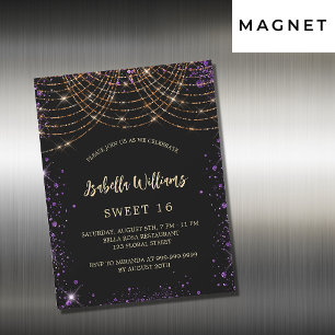 Invitation Magnétique Sweet 16 noir violet parties scintillant or glamou