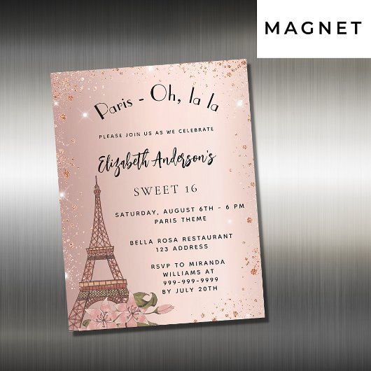 Invitation Magnétique Sweet 16 Paris rose or Eiffel tour luxe