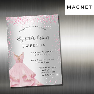 Invitation Magnétique Sweet 16 robe rose argent parties scintillant luxe