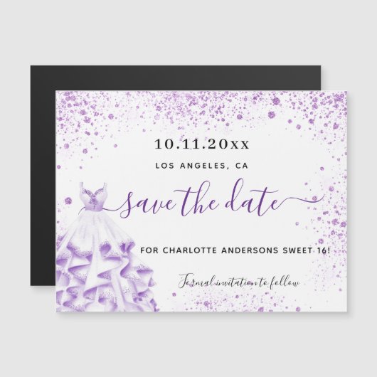 Invitation Magnétique Sweet 16 robe violette enregistrer l'aimant de dat (Devant / Derrière)
