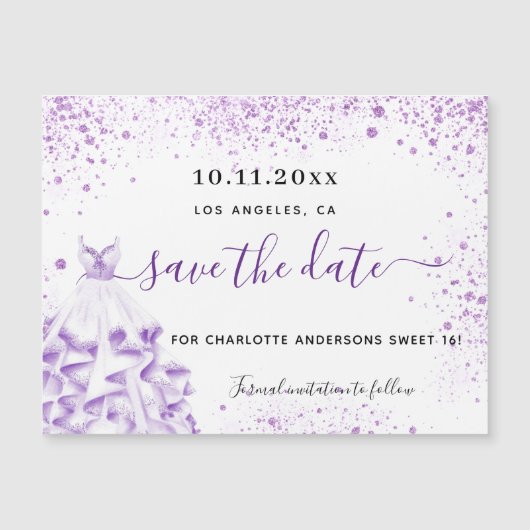 Invitation Magnétique Sweet 16 robe violette enregistrer l'aimant de dat (Devant)