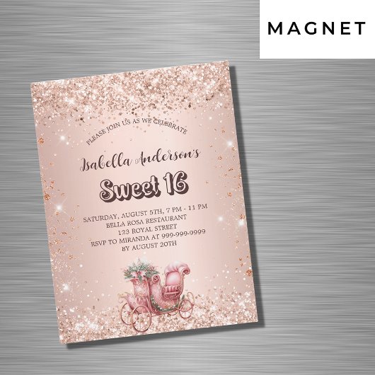 Invitation Magnétique Sweet 16 rose chariot d'or luxe