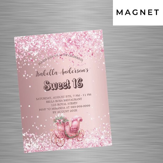 Invitation Magnétique Sweet 16 rose chariot luxe