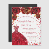 Invitation Magnétique Sweet 16 rouge robe blanche luxe (Devant / Derrière)