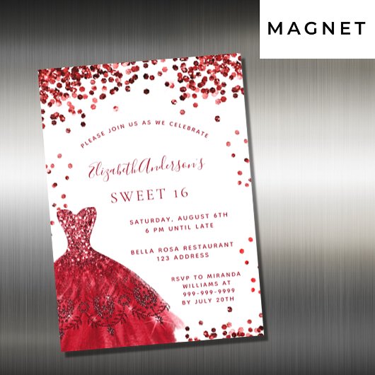 Invitation Magnétique Sweet 16 rouge robe blanche luxe