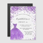 Invitation Magnétique Sweet 16 violet robe blanche parties scintillant l (Devant / Derrière)