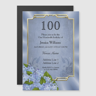 Invitation Magnétique Tapisserie bleue encadrée or élégante 100e anniver