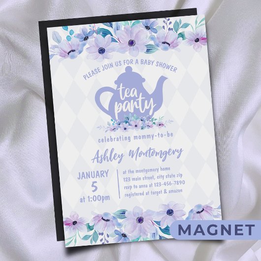 Invitation Magnétique Tea Party Purple Aquarelle Baby shower