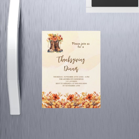 Invitation Magnétique Thanksgiving fête orange chute bottes florales lux