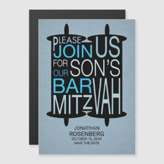 Invitation Magnétique Torah Bar Mitzvah moderne Sauvez le bleu gris de d