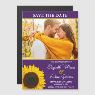 Invitation Magnétique Tournesol jaune violet photo Enregistrer la date