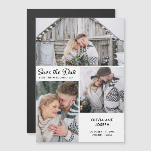 Invitation Magnétique Trois photos sauvez la date Noir et blanc