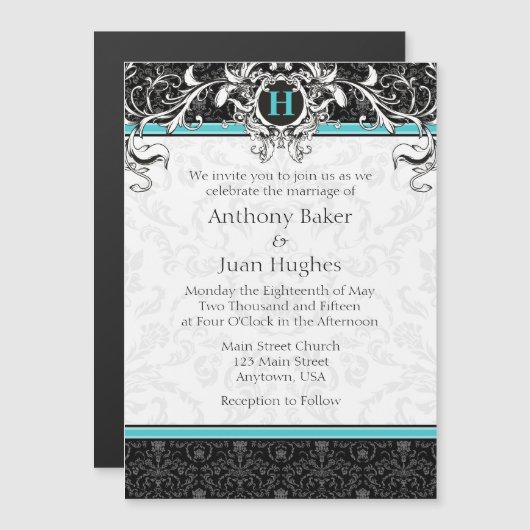 Invitation Magnétique Turquoise Aqua Blue Black Monogram Mariage (Devant / Derrière)