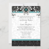 Invitation Magnétique Turquoise Aqua Blue Black Monogram Mariage (Recto)