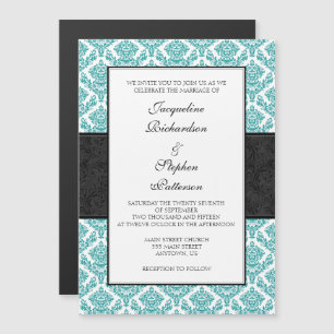 Invitation Magnétique Turquoise Bleu Noir Damas Mariage magnétique Invit