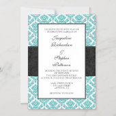 Invitation Magnétique Turquoise Bleu Noir Damas Mariage magnétique Invit (Recto)