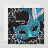Invitation Magnétique Turquoise Blue Black Masquerade (Recto)