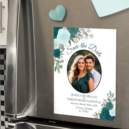 Invitation Magnétique Turquoise Boho Floral & Mariage photo Enregistrer