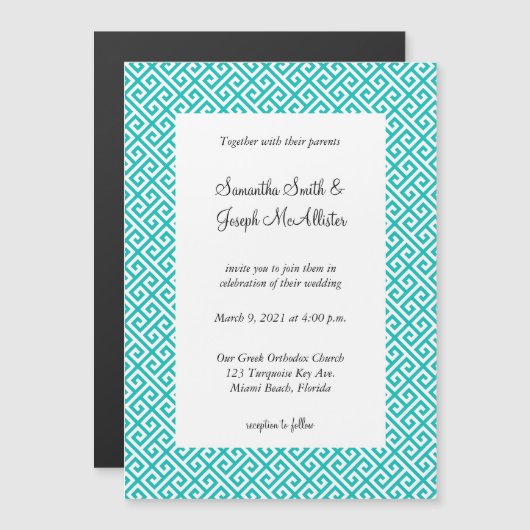 Invitation Magnétique Turquoise et blanc Mariage de clé grecque diagonal (Devant / Derrière)