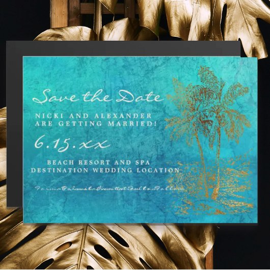 Invitation Magnétique Turquoise Palm Trees Mariage d'or Date de sauvegar