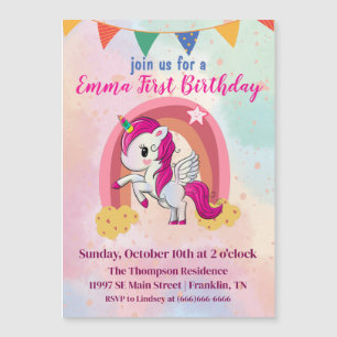 Invitation Magnétique Unicornes magiques Aquarelle rose 1er anniversaire