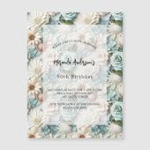 Invitation Magnétique Vert poussiéreux de luxe floral blanc pour anniver (Devant)