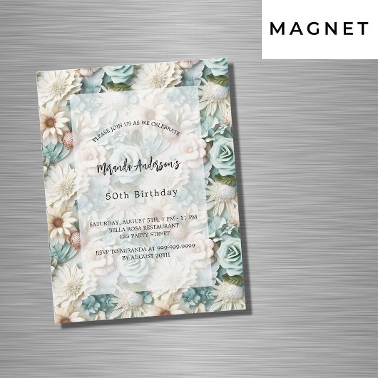 Invitation Magnétique Vert poussiéreux de luxe floral blanc pour anniver