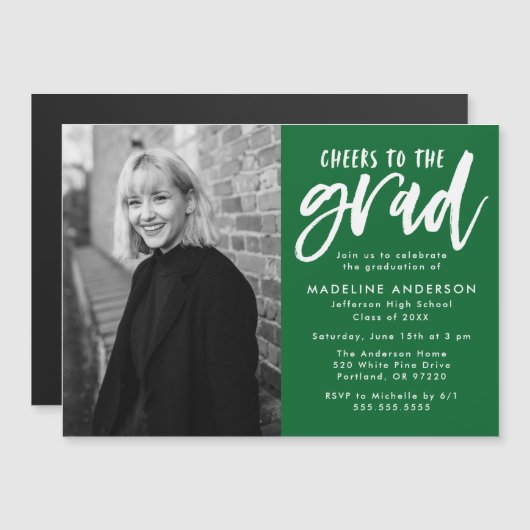 Invitation Magnétique Vert | Salutations à la Grad Script Grad Graduatio (Devant / Derrière)