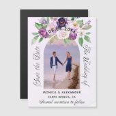 Invitation Magnétique Violet floraux photo mariage enregistrer la date (Devant / Derrière)