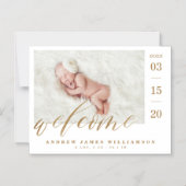 Invitation Magnétique Welcome Gold Script Baby Birth Stats & Photo (Recto)