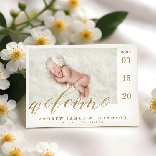Invitation Magnétique Welcome Gold Script Baby Birth Stats & Photo