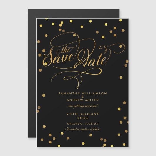 Invitation Magnétique Whimsical Gold Confetti Mariage Enregistrer La Dat (Devant / Derrière)