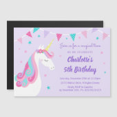 Invitation Magnétique Whimsical Rainbow Unicorn 5e anniversaire violet v (Devant / Derrière)