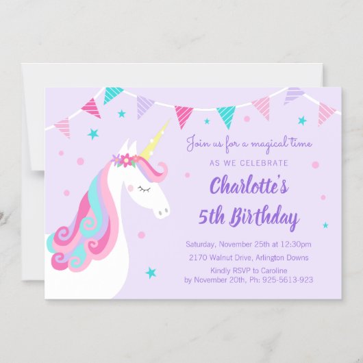 Invitation Magnétique Whimsical Rainbow Unicorn 5e anniversaire violet v (Recto)