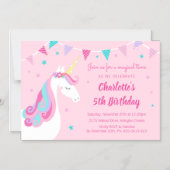 Invitation Magnétique Whimsical Rainbow Unicorn PInk 5e fête d'anniversa (Recto)
