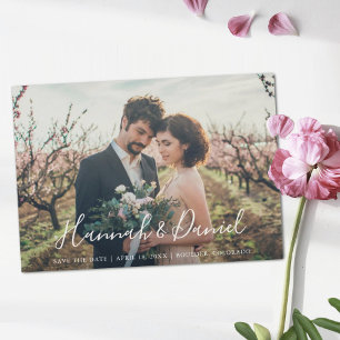 Invitation Magnétique Whimsical White Script Photo Custom Save the Date