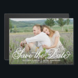 Invitation Magnétique White Rustic Whimsical Script Photo Enregistrer la<br><div class="desc">Annoncez votre date de mariage à votre famille et amis avec cette photo enregistrer la carte magnétique de la date. Il dispose d'un script lunatique rustique. Personnalisez en ajoutant votre photo fiançailles préférée, les noms, la date, le lieu et d'autres détails. Ce script enregistrer la date carte magnétique sera parfait...</div>