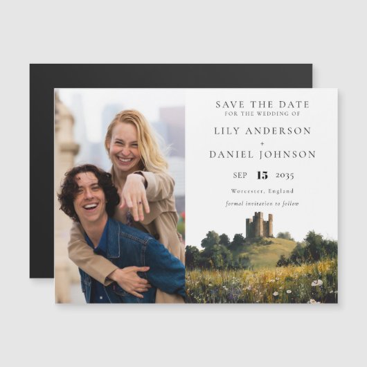Invitation Magnétique Wildflowers Castle Photo Wedding Save The Date (Devant / Derrière)
