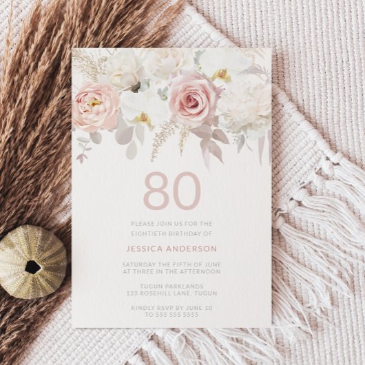 Invitation Magnifique 80ème anniversaire fête Blush Floral