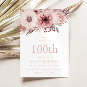 Invitation Magnifique Blush Boho Floral 100e fête d'anniversa