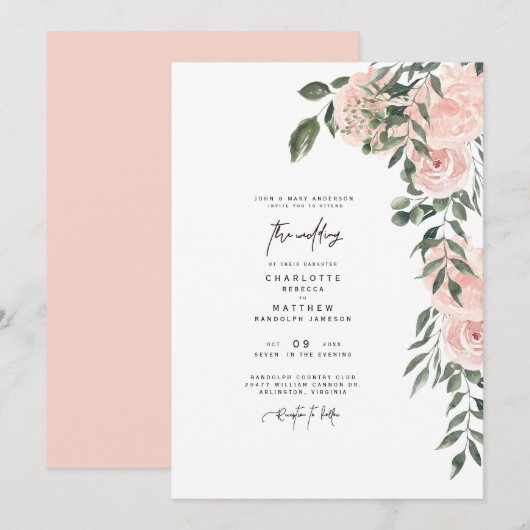 Invitation Magnifique Blush Floral Bride Parents Mariage (Devant / Derrière)